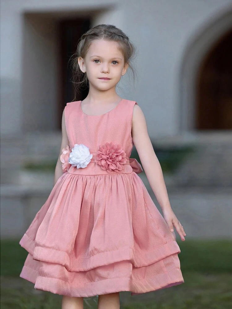 Young Girls' Layered Floral Dress With Round Neckline, Sleeveless And Elegant For Summer