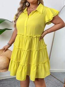 SHEIN CURVE+ 夏季大碼純色分層下擺襯衫連衣裙 - 黃色 - 查看 5