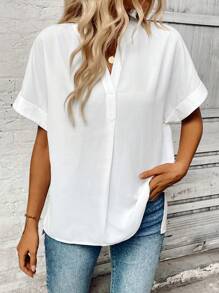SHEIN LUNE Women's Summer Casual Solid Color Notched Neck Batwing Sleeve Shirt