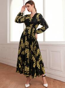 Modelyn 宮廷風圍巾圖案燈籠袖百褶洋裝