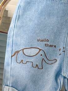 SHEIN Playful Pals Baby Boys' Striped T-Shirt, Cute Cartoon Elephant Animal Denim Overalls Set - Blue - View 5