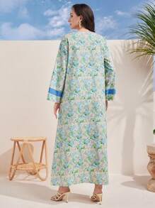 Al Najma فستان كفتان تركي مطبوع بالزهور والتقليدي العربي،، فستان عربي متواضع بأكمام طويلة بطراز عطلة