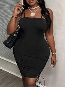 Slaydiva Plus Size Summer Casual Solid Color Spaghetti Strap Dress - Black - View 5
