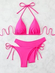 Swim Vcay 3入組女士純色沙灘服套裝，露背綁領性感比基尼分體，夏日沙灘必備 - 玫紅色 - 查看 5