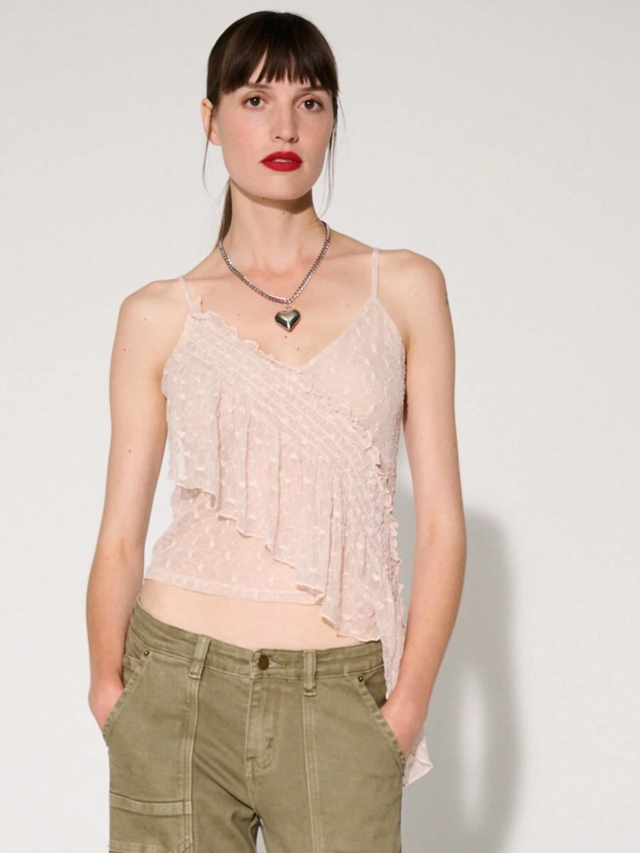 WESTFADE Áo ba lỗ lưới nhún bèo lãng mạn - Màu be - Xem 1