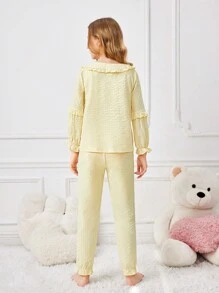 Tween Girl Yellow Solid Color Simple Style Short Sleeve Top And Long Pants Casual 2-Piece Homewear Set - Yellow - View 2