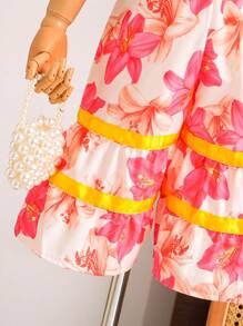 新復古風格嬰兒女夏季套裝: 粉色花卉數字印花無袖上衣和編織圖案數字印花優雅喇叭褲套裝，輕盈舒適