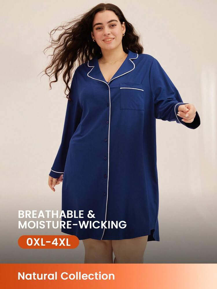 Camicia da notte oversize in morbido cotone di lusso blu, abito da notte elegante con bottoni e bordi bianchi, pigiama comodo e alla moda per la casa