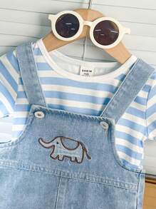SHEIN Playful Pals Baby Boys' Striped T-Shirt, Cute Cartoon Elephant Animal Denim Overalls Set - Blue - View 4