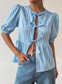 Chiquease Camisa holgada de rayas con parches y lazo en la cintura - Azul - Ver 3