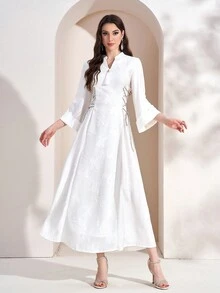 Women V-Neck Tie-Up Minimalist Arabic Style Dress - White - View 5