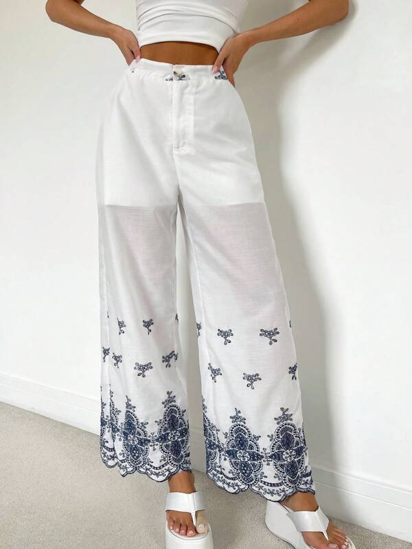 SHEIN Essnce Phụ nữ thêu Bohemian Loose Straight Leg Beach Kỳ nghỉ Quần ngoài trời thường ngày