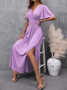 SHEIN Clasi 女士夏季純色重疊V領褶皺短袖腰部打褶側開叉長裙優雅連衣裙 - 淡紫色 - 查看 5