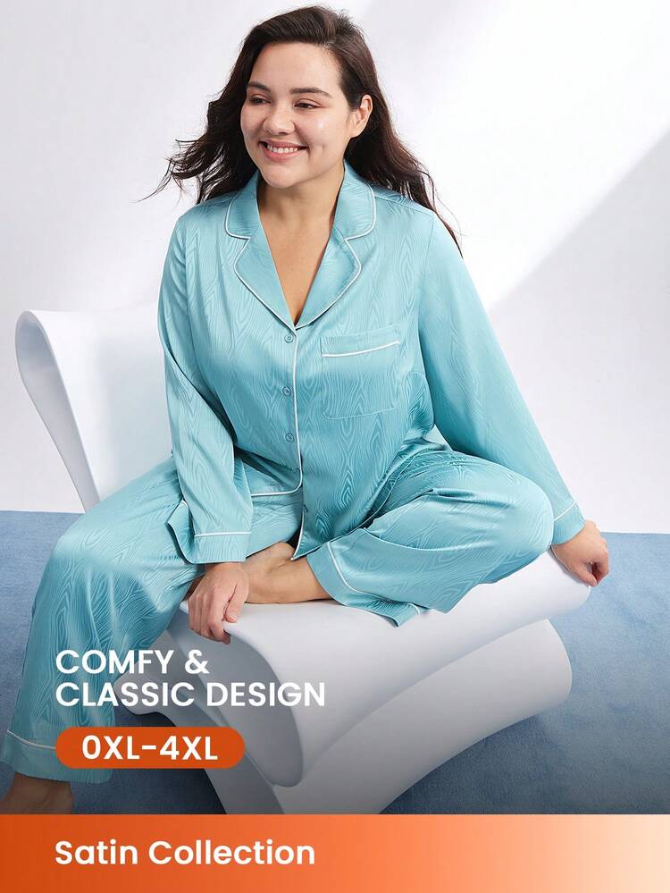 여성 플러스사이즈 텍스처드 사틴자카드 롱 파자마 세트 라운지웨어