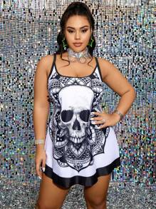 Swim EVENT Plus Size Women Gothic Printed Tankini Swimsuit,Summer Beach - Black and White - View 4