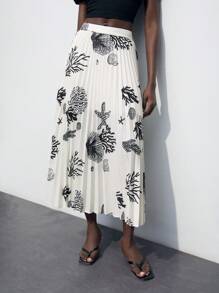 Maija Women's Ocean Themed B&W Graphic Print Pleated Midi Skirt
