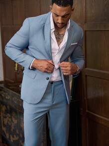 Manfinity Mode Men's Single-Breasted Suit Collar Casual Daily Blazer - Blue - View 3