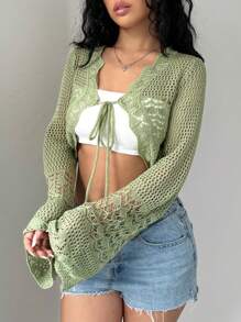 SHEIN Unity Cárdigan corto de punto calado de unicolor de verano casual para mujer, top de manga larga - Verde - Ver 5