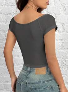 SHEIN EZwear 灰色針織修身短袖T卹女裝，大圓領，夏季 - 灰色 - 查看 2