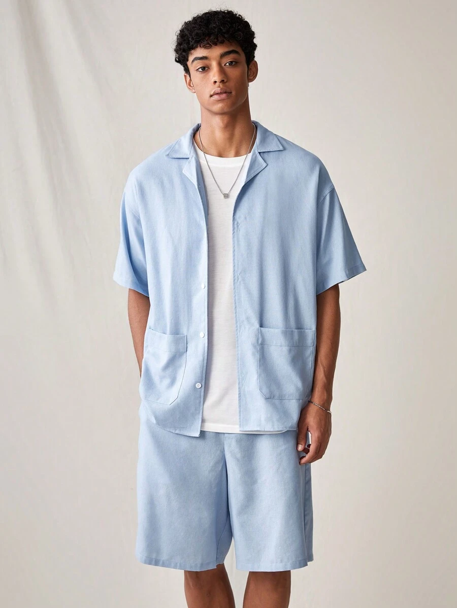 Manfinity RebelGame Men's Fashionable Casual Solid Color Loose Short Sleeve Shirt And Shorts Outfit, Daily Wear - Baby Blue - View 1