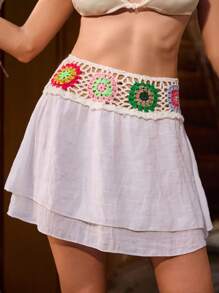 SHEIN Swim Women's Bohemian Vacation Style Patchwork Mini Skirt Summer - White - View 2