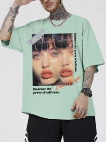 ROMWE MEN Street Life 男士街頭風格人像短袖Y2K T恤，適合春夏日常穿著 - 綠色 - 查看 1