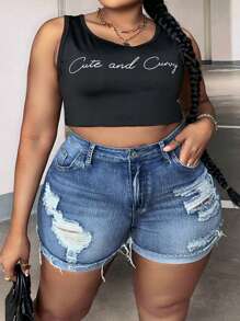 SHEIN CURVE+ Plus Size Nữ Đau Khổ Miếng Dán Cường Lực Viền Sờn Quần Short Denim Thường Ngày Có Túi - Rửa trung bình - Xem 5