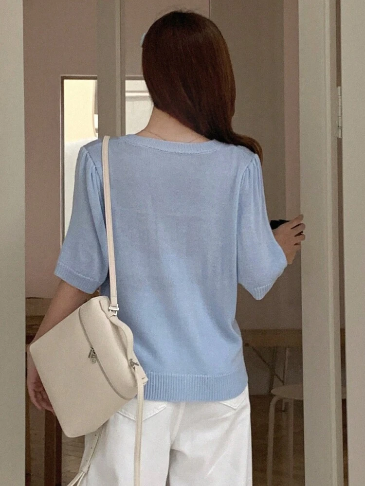 Glitter Short-Sleeved 2 In 1 Round Neck Knit Top For Women