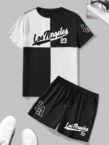 Manfinity Homme 男士夏季圓領短袖印花字母休閒T恤和束口短褲套裝 - 黑與白 - 查看 2
