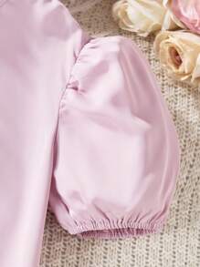 Tween Girl Summer Elegant 3D Flower Puff Sleeve Lady Shirt - Pink - View 4