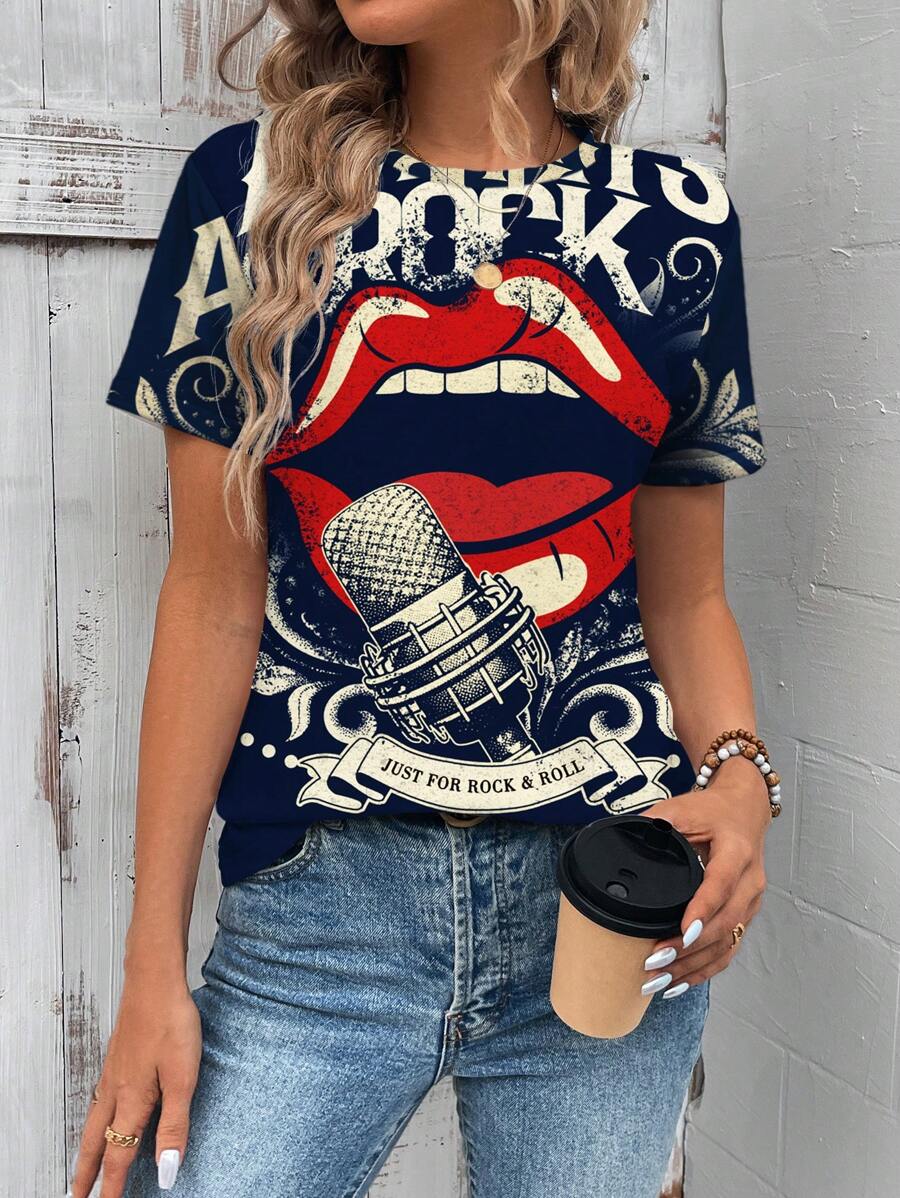SHEIN LUNE Summer Fashionable Lips And Microphone Print Short Sleeve Women's T-Shirt For Casual Wear