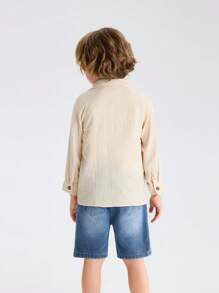 Young Boy Comfortable Casual Shirt + Heavy Wash Denim Shorts Outfit, 2pcs/Set - Beige - View 2