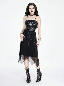 ROMWE Goth Sexy Women's Gothic Vampire Sequin Embroidery Asymmetrical Hem Party Cami Dress