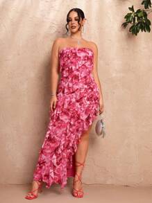 SHEIN BAE 花卉交錯層次荷葉邊露肩長禮服，浪漫優雅，適用於夏季派對、約會和度假，婚禮賓客禮服