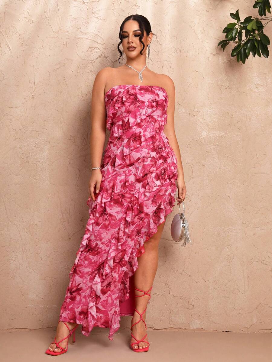 SHEIN BAE 花卉交錯層次荷葉邊露肩長禮服，浪漫優雅，適用於夏季派對、約會和度假，婚禮賓客禮服