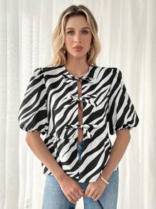 SHEIN Essnce Black And White Zebra Animal Print Bow Tie Women's Blouse 2024, Loose Solid Color Puff Sleeve Pleated Shirt Tops, New Arrivals In Spring Summer Shirt Tie Front