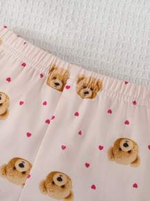 SHEIN 嬰女可愛深杏仁熊印花長袖針織開襟毛衣連長褲，休閒2件套家居服裝 - 彩色 - 查看 3