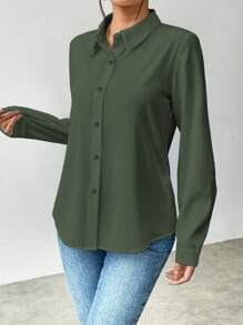 Selianne Ladies' Solid Color Simple Daily Long Sleeve Shirt,Long Sleeve Tops Fall Cloth For Women - Olive Green - View 3