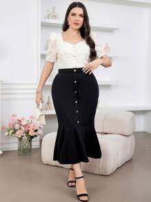 Mulvari Plus Size Summer Elegant Solid Color Front Button Mermaid Skirt - Black - View 5