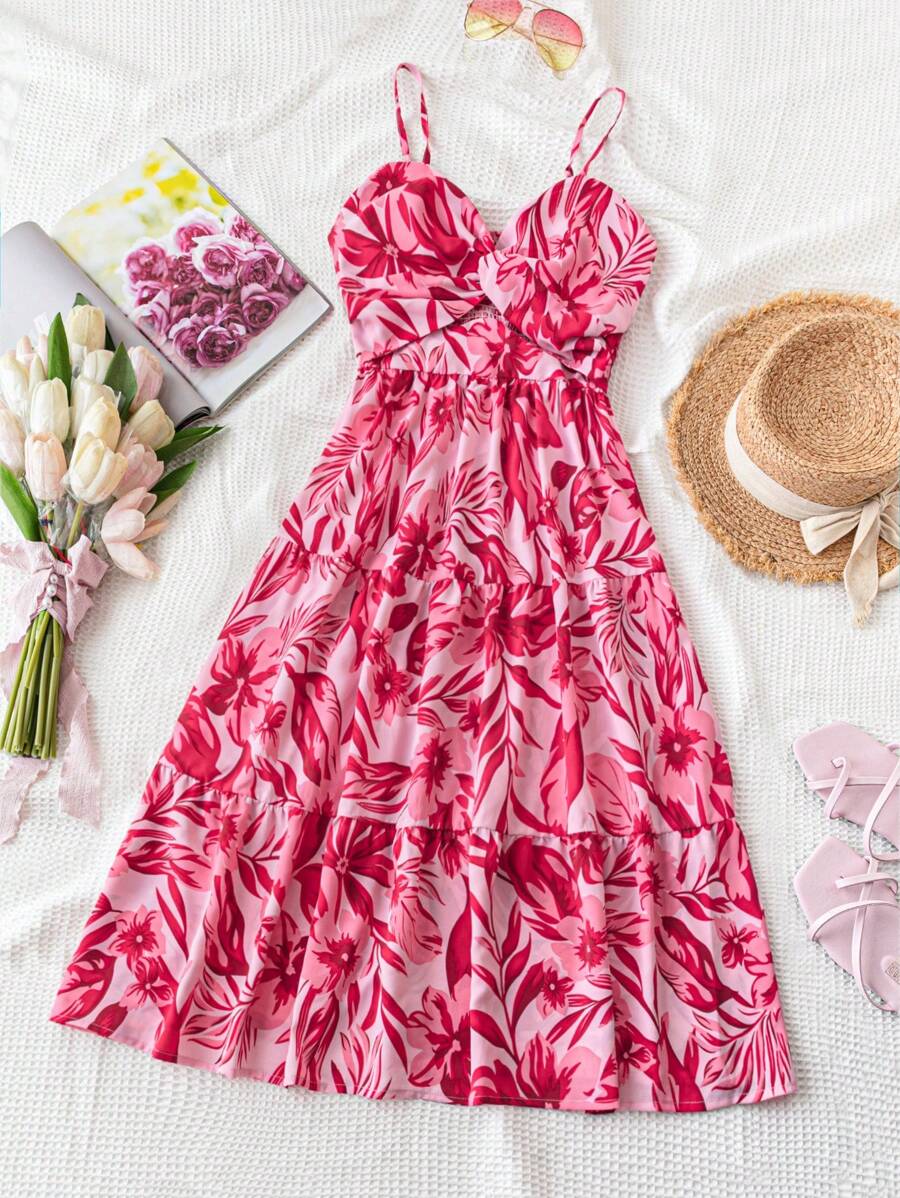 Soleia 綁帶花卉印花夏季無袖連衣裙，A字形下擺和扭結細節 - 紅色 - 查看 1