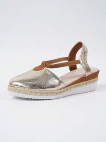 Sandalias de cuña con borde de cuerda dorada para mujer con punta cerrada, suela de plataforma gruesa y cuña - Dorado - Ver 3