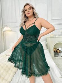SHEIN Plus Size Diamond Check Translucent Mesh 3D Lace Cami Sleep Dress Pajama Dress With Large Hemline - Dark Green - View 6