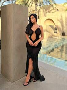 SHEIN SXY Váy gợi cảm trong mờ cổ chữ V khoét sâu mùa hè - màu đen - Xem 6