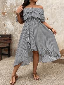 SHEIN Clasi Plus Size Boho Ruffle Striped And Printed Ruffle Hem Casual Summer Dress For Vacation