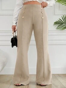 SHEIN Cottnline Plus Size  Double Breasted Decorative Flared Trousers - Beige - View 5