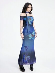 ROMWE Goth Elegant And Sexy Lady Mature Floral Print Mesh Scarf Off Shoulder Women's Dress - Blue - View 5