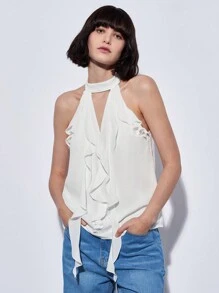 Maija Áo cánh trắng hở lưng nhún bèo không tay, trang phục đi biển cho phụ nữ vào kỳ nghỉ hè - trắng - Xem 7