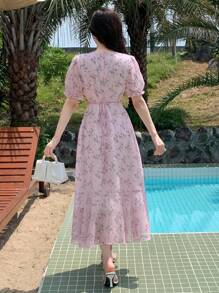 DAZY Ladies' Elegant Long Floral Printed V-Neck Ruched Puff Sleeve Summer Holiday Dress,Ruffle Vacation Outfits Women Easter - Pink - View 5