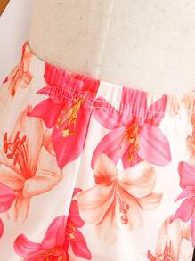 新復古風格嬰兒女夏季套裝: 粉色花卉數字印花無袖上衣和編織圖案數字印花優雅喇叭褲套裝，輕盈舒適