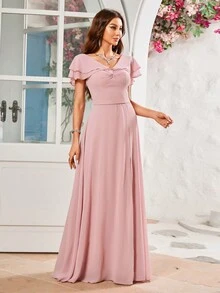 Butterfly Sleeve High Slit Fitted Chiffon Bridesmaid Dress - Pink - View 3